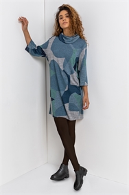 Blue Abstract Print Cowl Neck Dress