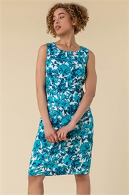 Turquoise Back Button Floral Print Dress