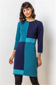 Blue Colour Block Knitted Dress