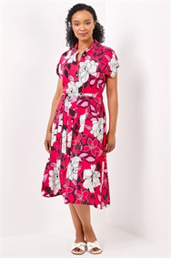 Pink Petite Floral Print Belted Shirt Dress