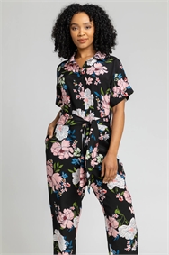 Black Petite Belted Floral Print Jumpsuit