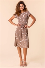 Taupe Spot Print Jersey Stretch Dress