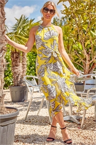 Yellow Floral Asymmetric Belted Midi Dress