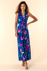 Royal Blue Abstract Floral Print Twist Waist Maxi Dress