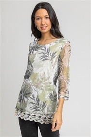 Khaki Lace Trim Overlay Leaf Print Top
