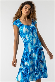 Turquoise Leaf Print Panel Dress