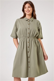 Khaki Curve Shirred Waist Shirt Dress