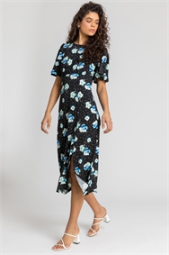 Black Spotted Floral Fit & Flare Midi Dress