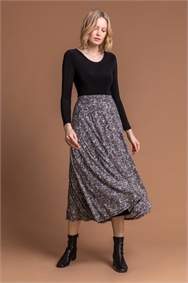 Grey Floral Print Burnout Midi Skirt