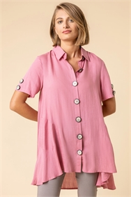 Pink Asymmetric Button Detail Pocket Shirt