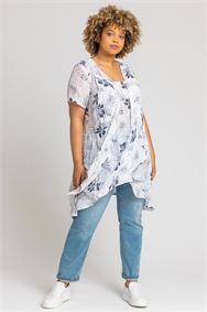 Blue Curve Floral Print Crinkle Tunic Top