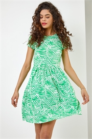 Green Tropical Leaf Print Jersey Dress