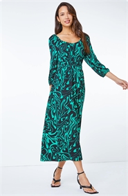 Green Swirl Print Shirred Waist Midi Dress