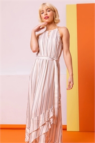 White Stripe Print Frill Detail Maxi Dress