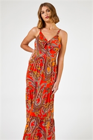 Red Paisley Print Tiered Maxi Dress