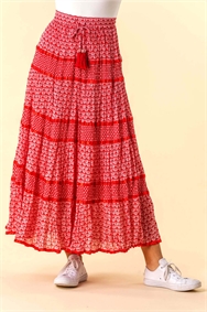 Red Tiered Boho Print Maxi Skirt