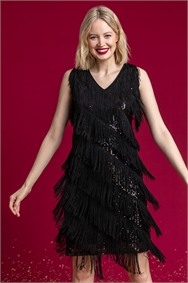 Black Sequin Fringe Detail Flapper Dress