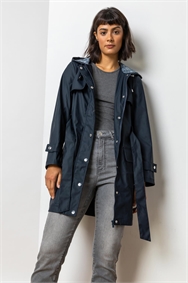 Navy Belted Raincoat with Hood