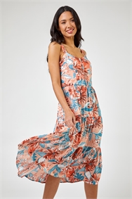Coral Tropical Floral Tiered Pocket Midi Dress