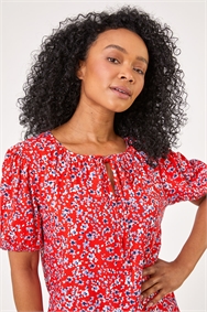 Red Petite Ditsy Floral Print Neck Tie Top 