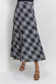 Grey Check Print Flared Midi Skirt