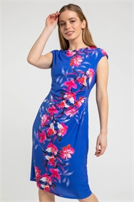 Blue Petite Floral Ruched Waist Dress