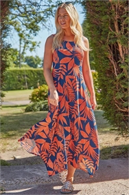 Orange Tropical Hanky Hem Midi Dress