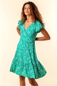 Green Floral Print Wrap Tea Dress