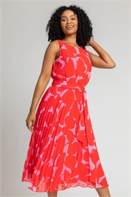 Red Petite Abstract Print Pleated Midi Dress