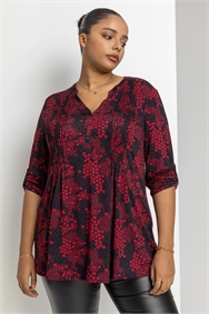 Red Curve Ditsy Floral Pintuck Blouse