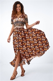 Amber Floral Print Shirred Waist Maxi Dress