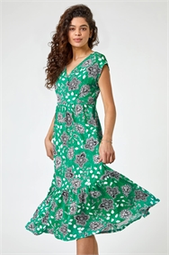 Green Floral Paisley Wrap Tiered Midi Dress