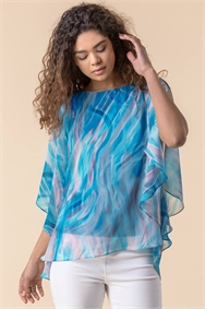 Turquoise Abstract Print Chiffon Top