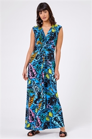 Multi Blue Palm Print Twist Waist Maxi Dress