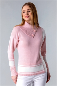 Pink Textured Knit Button Detail Stripe Jumper