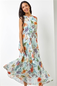 Sage Floral Print Pleated Maxi Dress