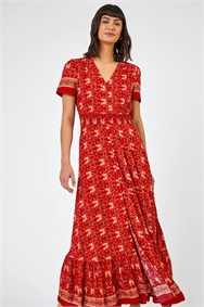 Red Floral Print Shirred Waist Maxi Dress
