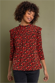 Red Disty Floral Shirred Detail Top
