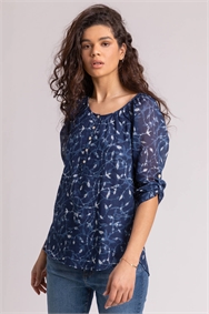 Navy Abstract Leaf Print Button Top
