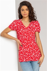 Red Ditsy Floral Print Stretch Top