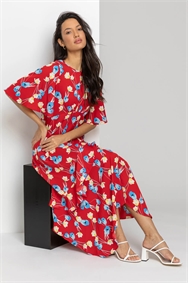 Red Floral Print Chiffon Midi Dress