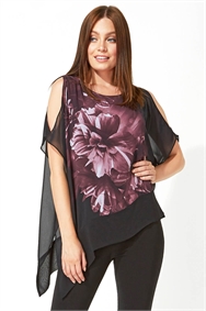 Pink Floral Print Asymmetric Overlay Top