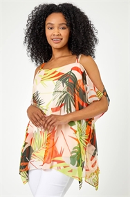 Lime Petite Tropical Cold Shoulder Overlay Top