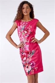 Pink Floral Border Print Stretch Shift Dress