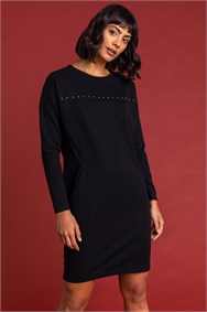 Black Stud Embellished Pocket Shift Dress