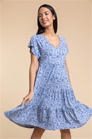 Blue Tiered Floral Print Stretch Dress