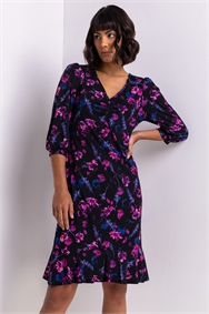 Purple Floral Ruched Detail Tea Dress