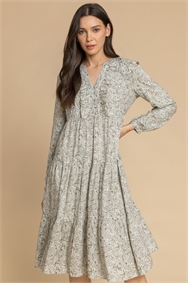 Khaki Paisley Print Tiered Midi Dress