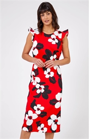Red Floral Frill Sleeve Midi Dress
