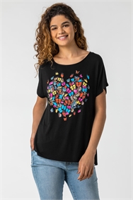 Black Butterfly Heart Print T-Shirt
